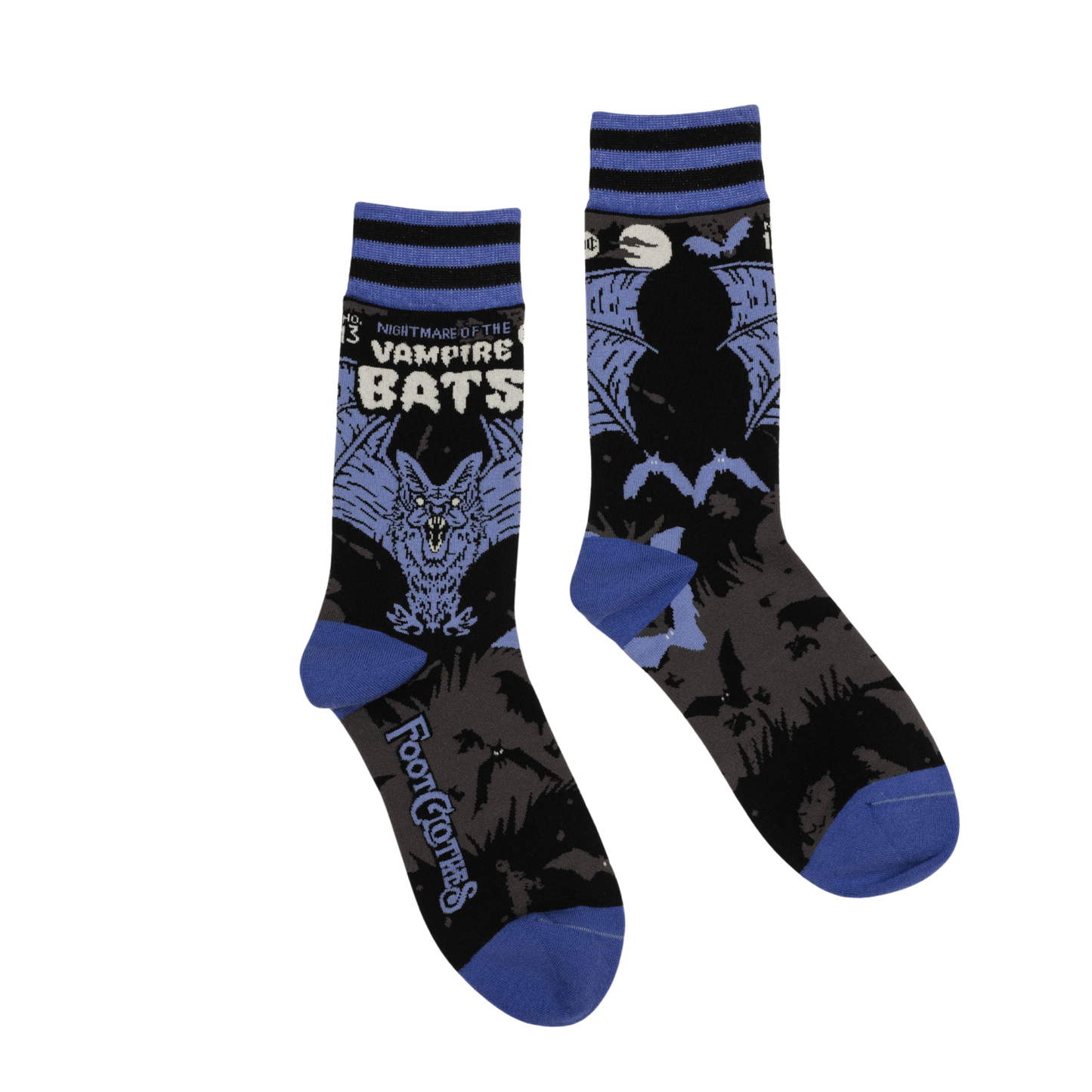 Vampire Bats Socks. A pair of socks depicting a scary looking vampire bat. Blue toes, cuff and heel.