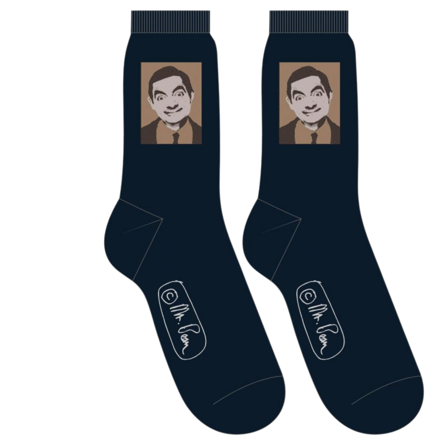 Mr Bean Face Socks. A pair of socks featuring Mr Bean. Blue legs, cuff, heel and toe.