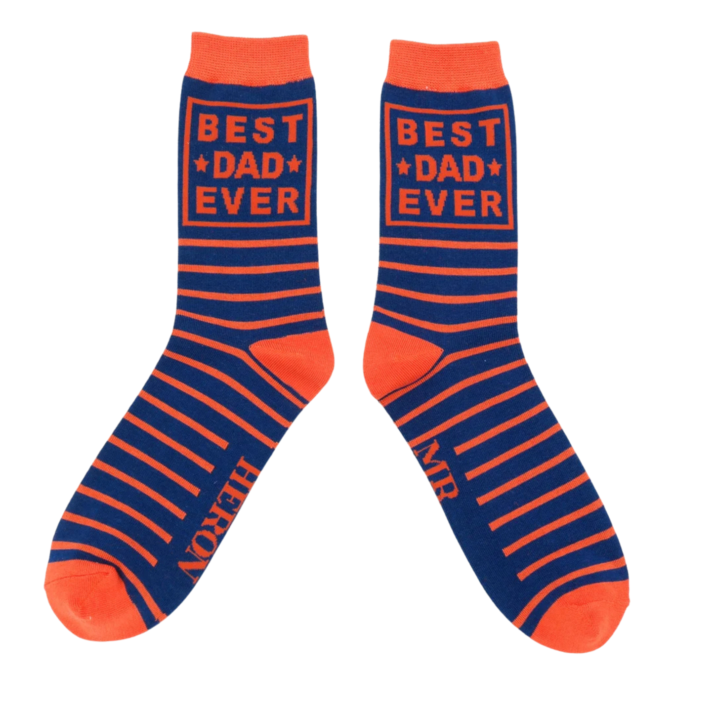 Best Dad Ever Bamboo Socks - Miss Sparrow. A pair of navy socks featuring orange 'Best Dad Ever' slogan and horizontal orange stripes. Orange cuffs, heels, and toes. Socks shown on a white background.