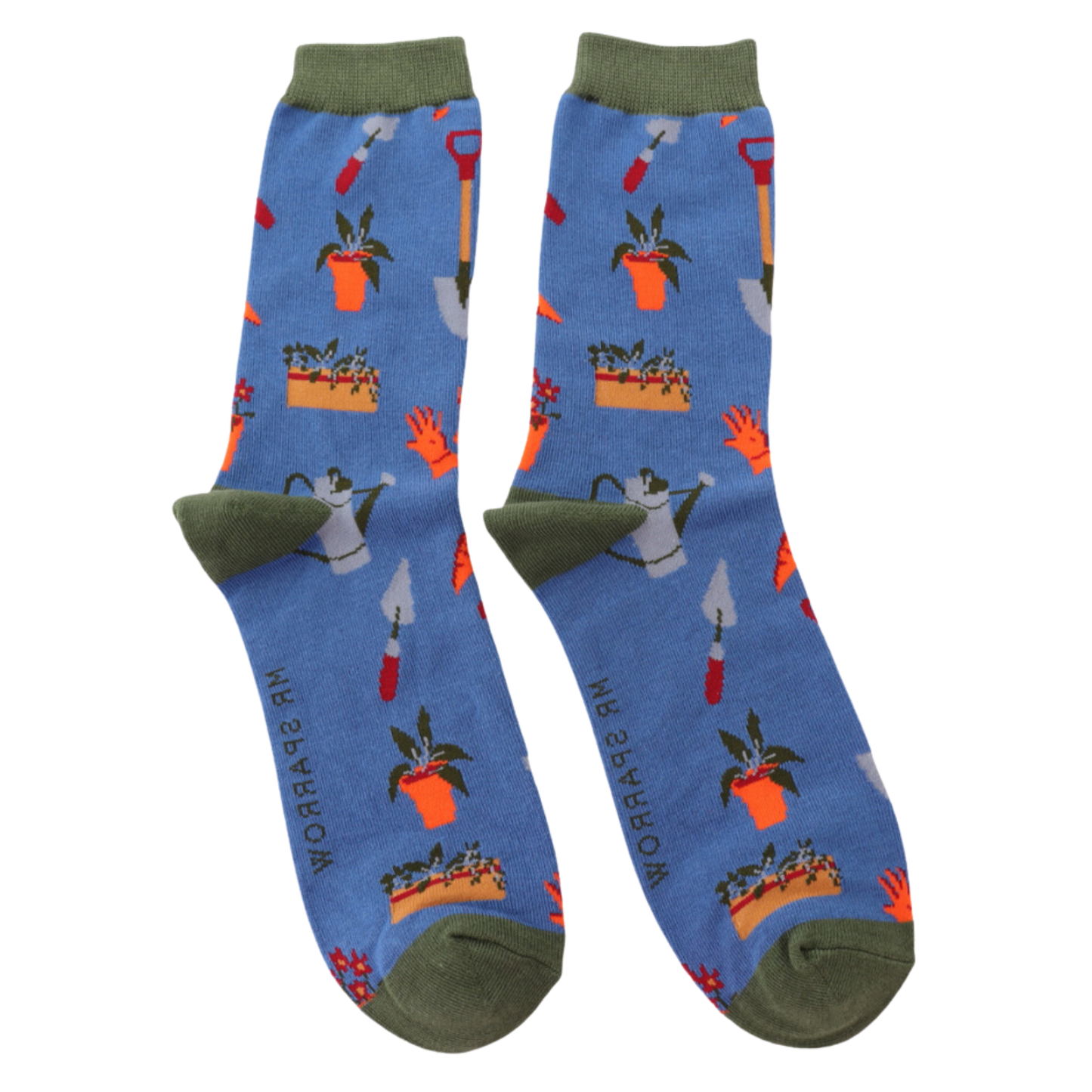 A pair of socks featuring gardeners tools, blue legs, grey heel, toe and cuff.
