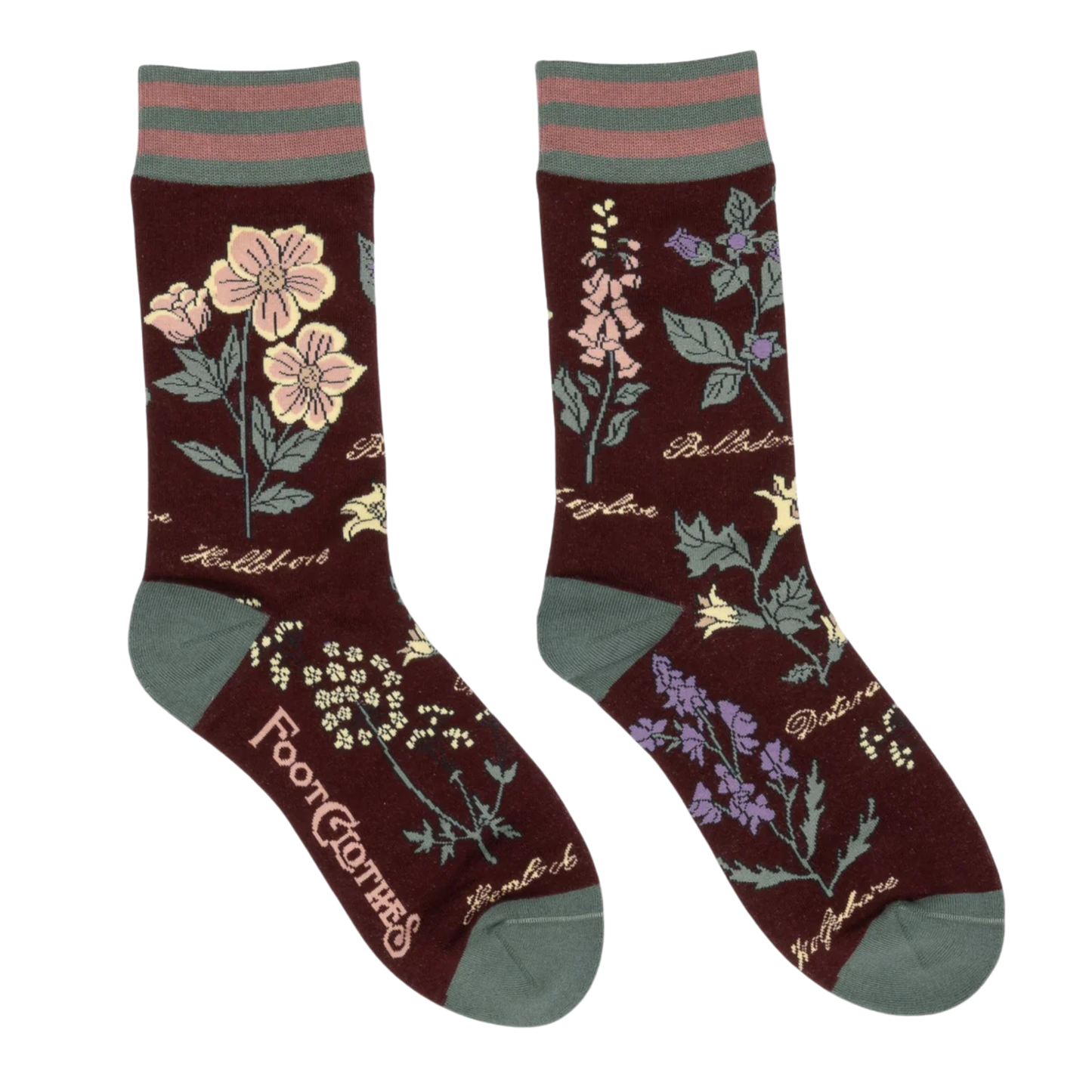 Baneful Botany Crew Socks. A pair of socks with a botany motif. Brown legs, green heel, toe and cuff.
