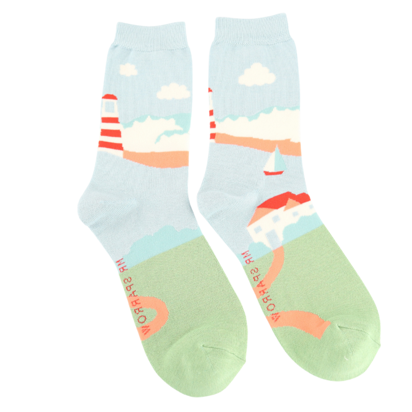 Seascape Bamboo Socks - Miss Sparrow. A pair of socks with a seaside motif.