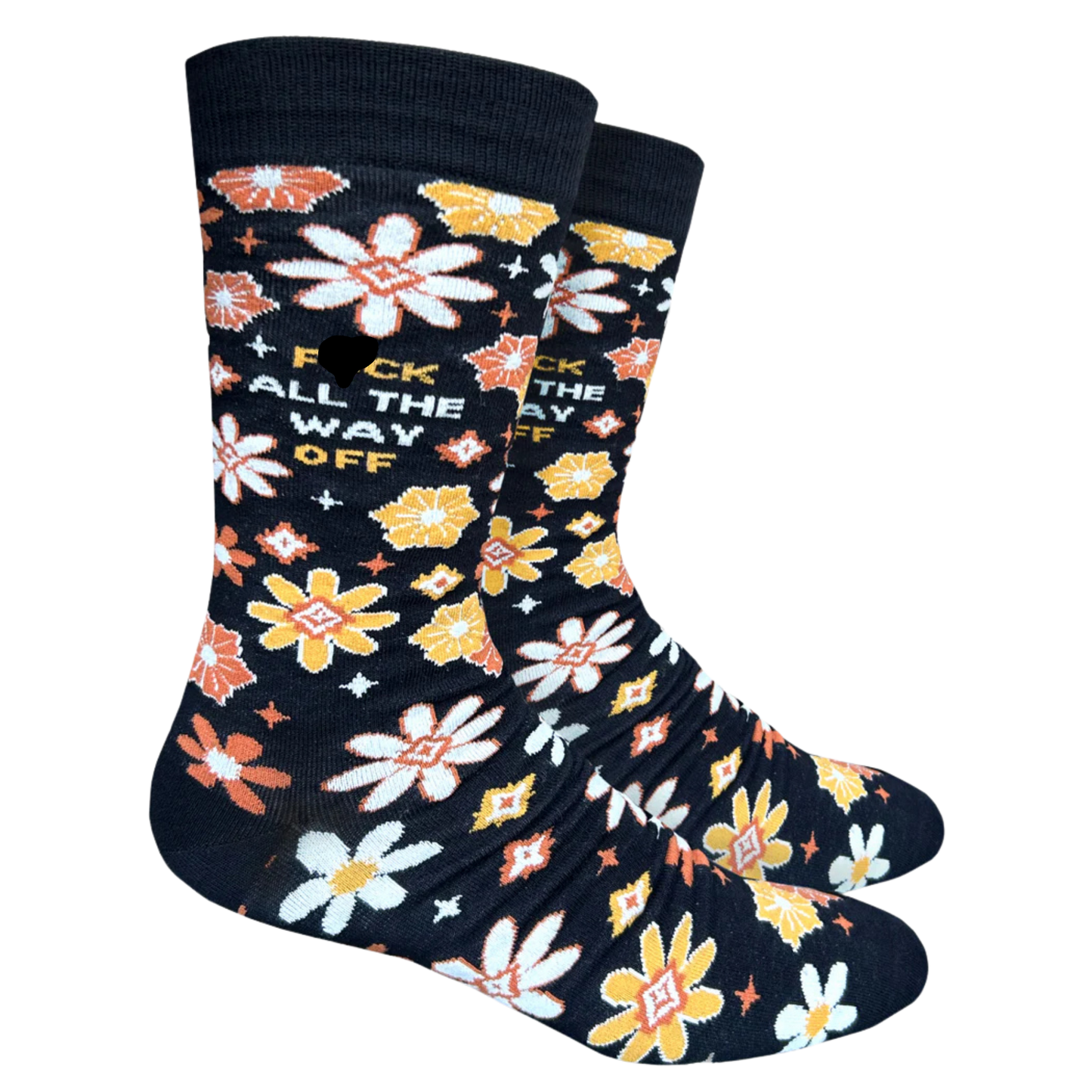 Floral-patterned socks with censored text on a white background