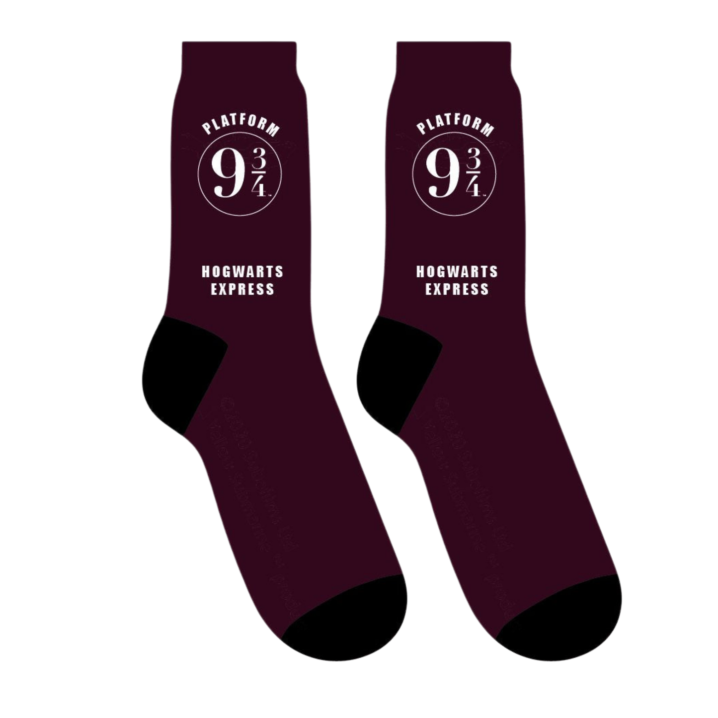Harry Potter Platform 9¾ Socks. A pair of socks that are ready for your journey to hogwarts. Maroon legs, black toes and heel.
