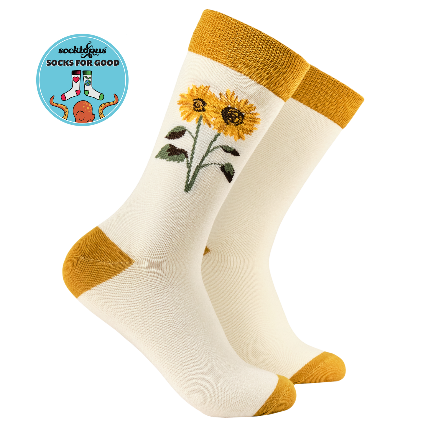 A pair of white bamboo socks with a yellow rim and a sunflower design in the center.