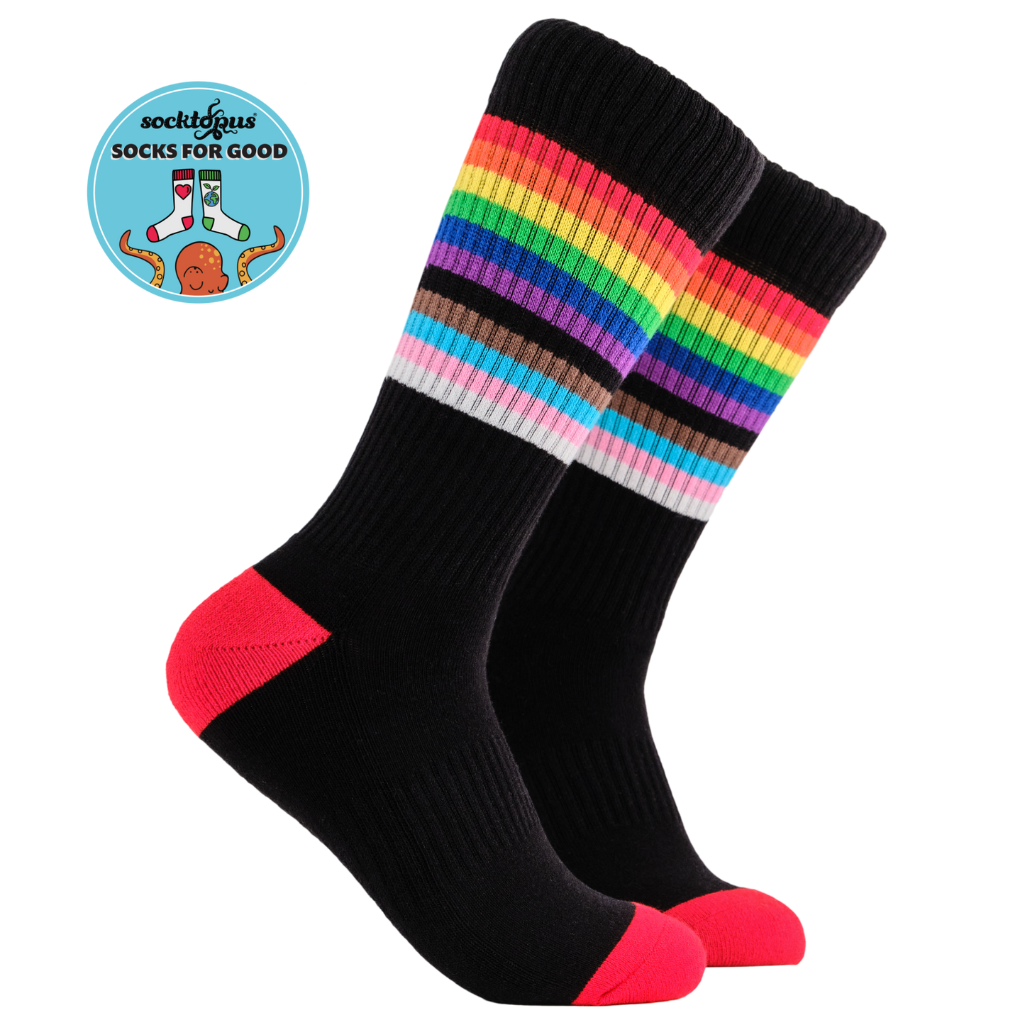A pair of socks depicting the pride flag. Black legs, black cuff, red heel and toe.