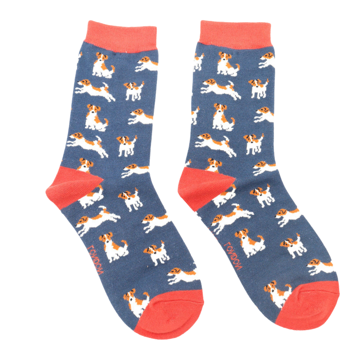 A pair of socks featuring a jack russell motif. Dark blue legs, orange heel, toe and cuff.