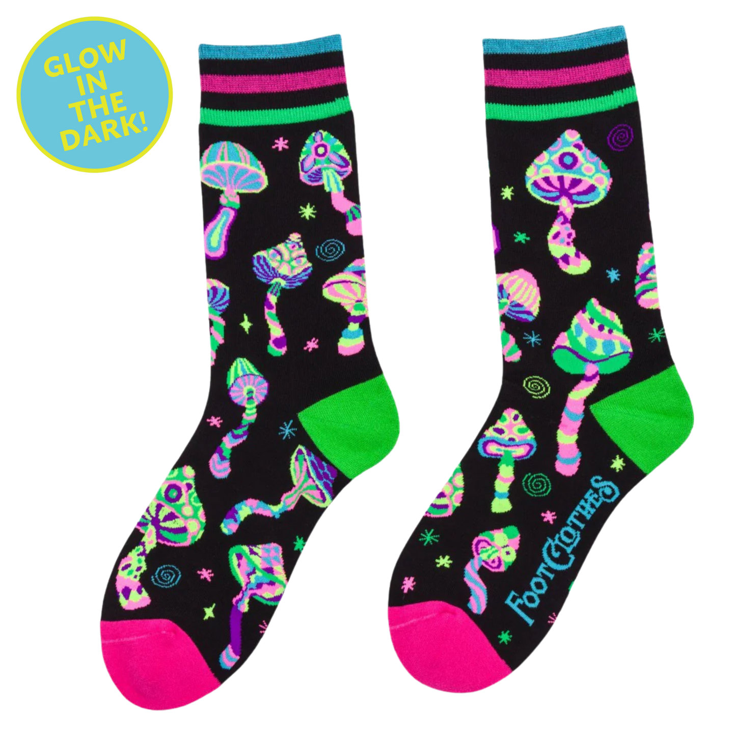 Funky Fungi Crew Socks. A pair of socks featuring glow in the dark mushrooms.