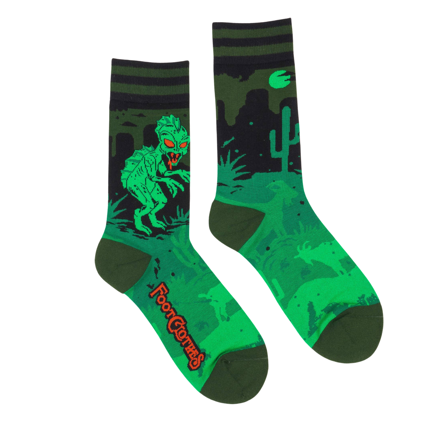 El Chupacabra Crew Socks. A pair of socks featuring El Chupacabra. Green legs, heel, toe and cuff.