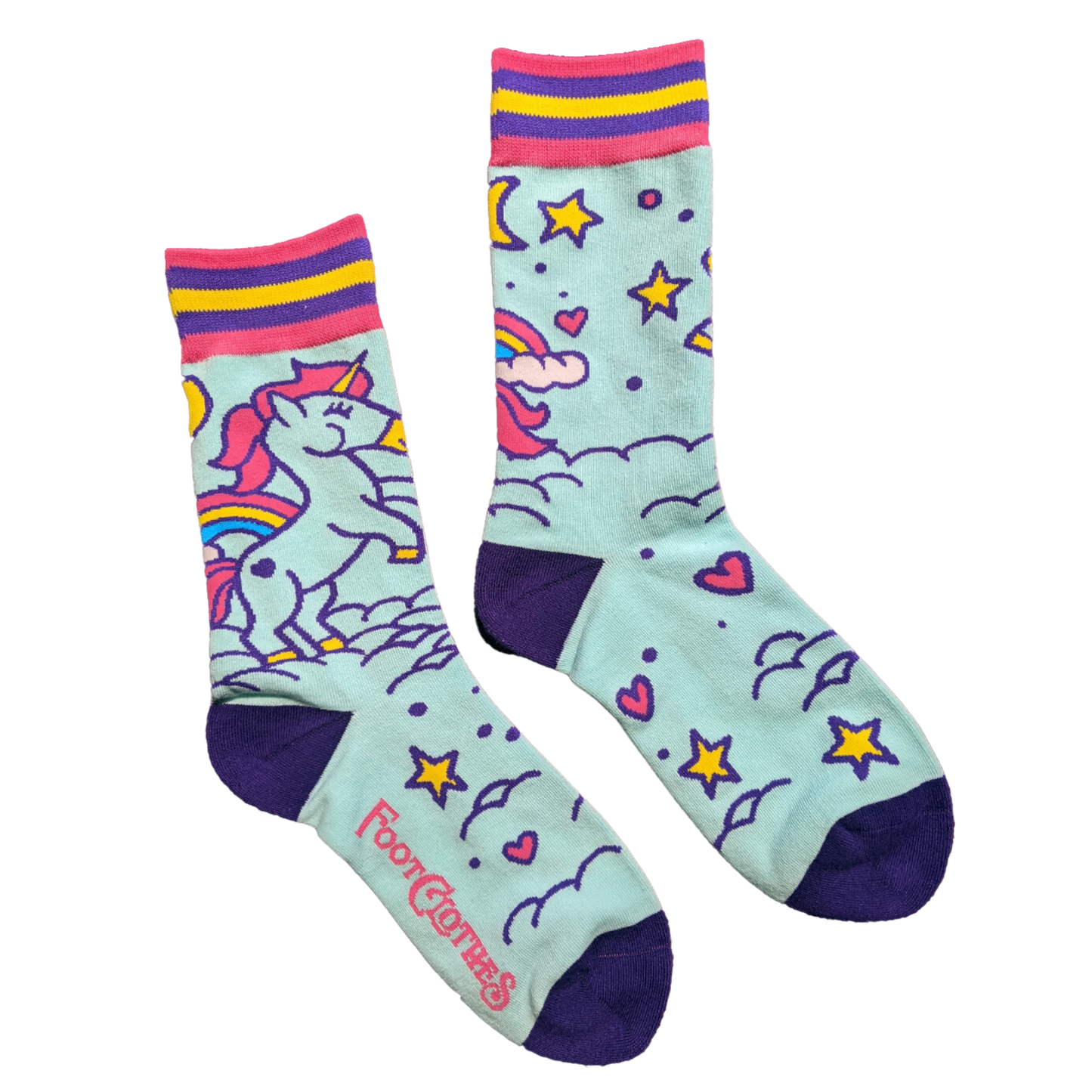 Cute Unicorn Socks. A pair of socks featuring cute unicorns. Light blue legs, dark blue heel, toe and cuff.