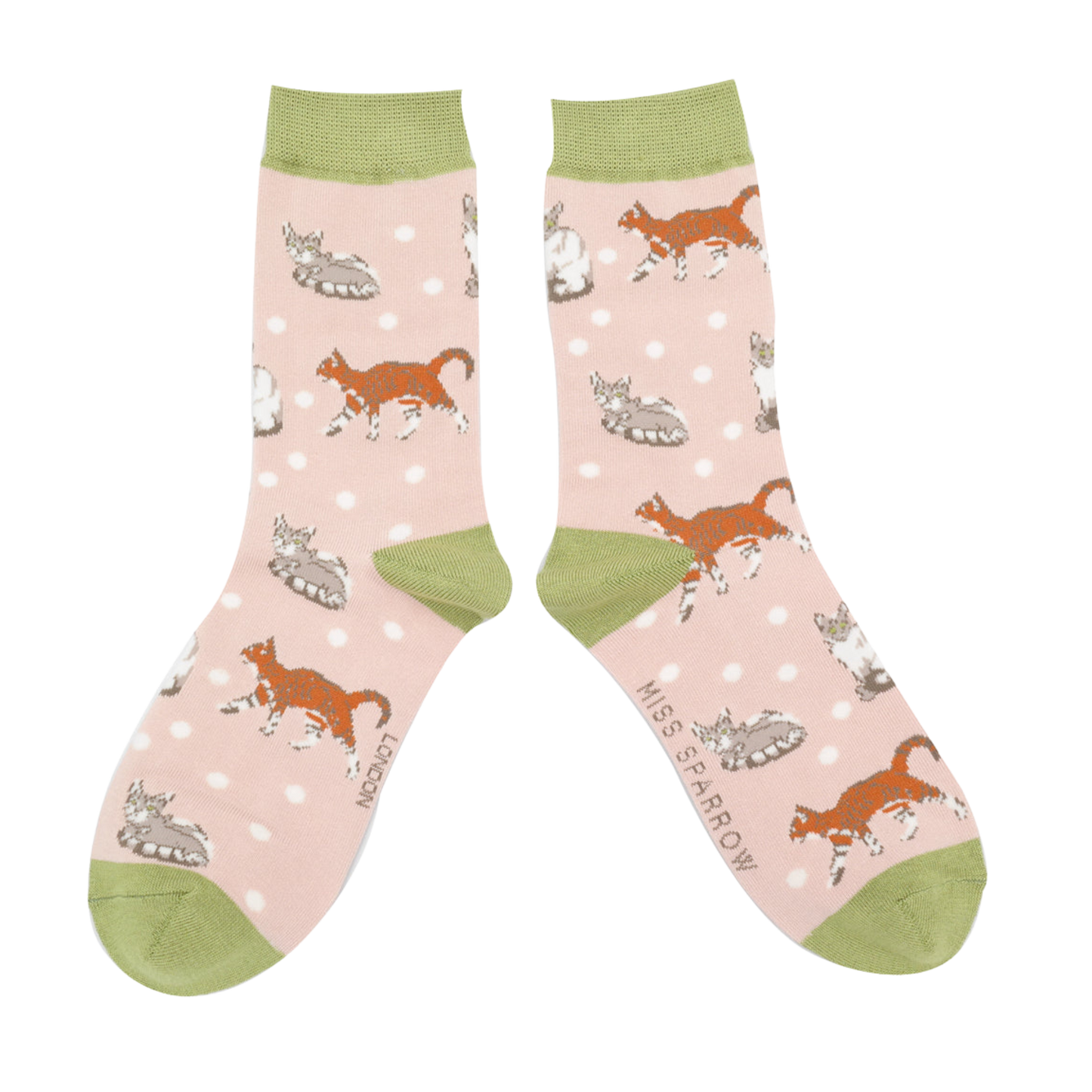 Cats & Spots Bamboo Socks. A pair of socks with a cat motif and spots pattern. Light pink legs, green heel, toe and cuff.