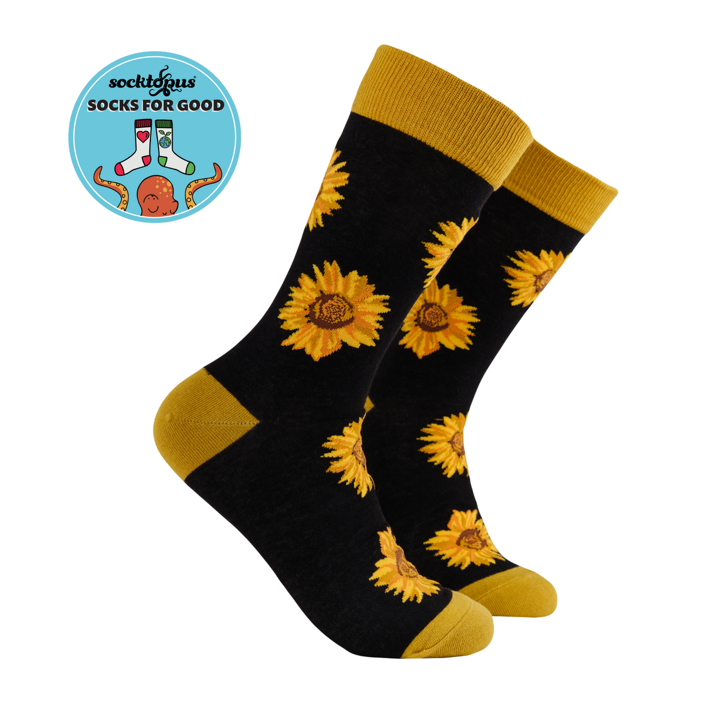 A pair of black bamboo socks with a pattern of yellow sunflower heads and green leaves.