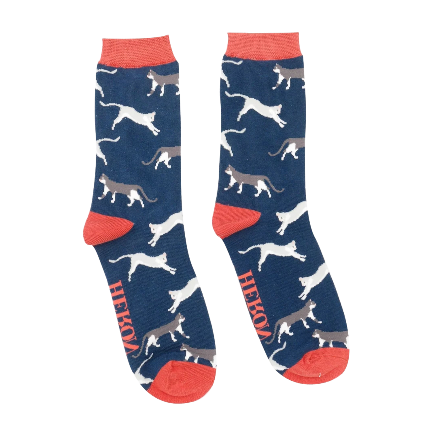 A pair of socks featuring wandering cats. Navy blue legs, red heel, toe and cuff.