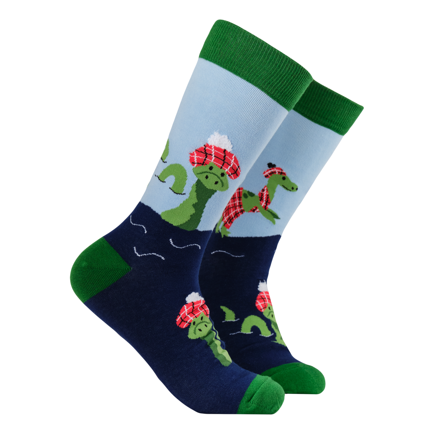 Loch Ness Monster Socks - Nessie. A pair of socks featuring the legendary Nessie. Blue legs, green heel toe and cuff.