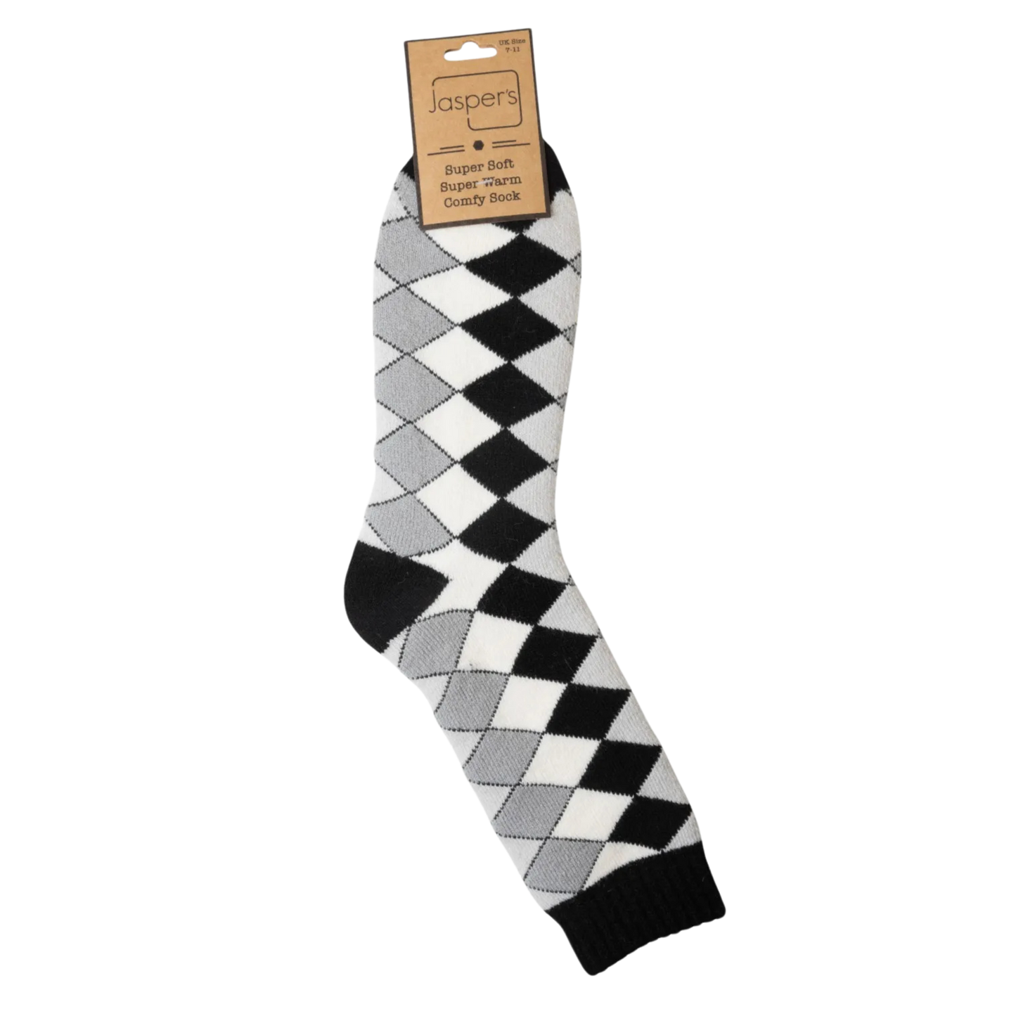 Black, white, and gray argyle patterned sock with Jaspers brand packaging on a white background