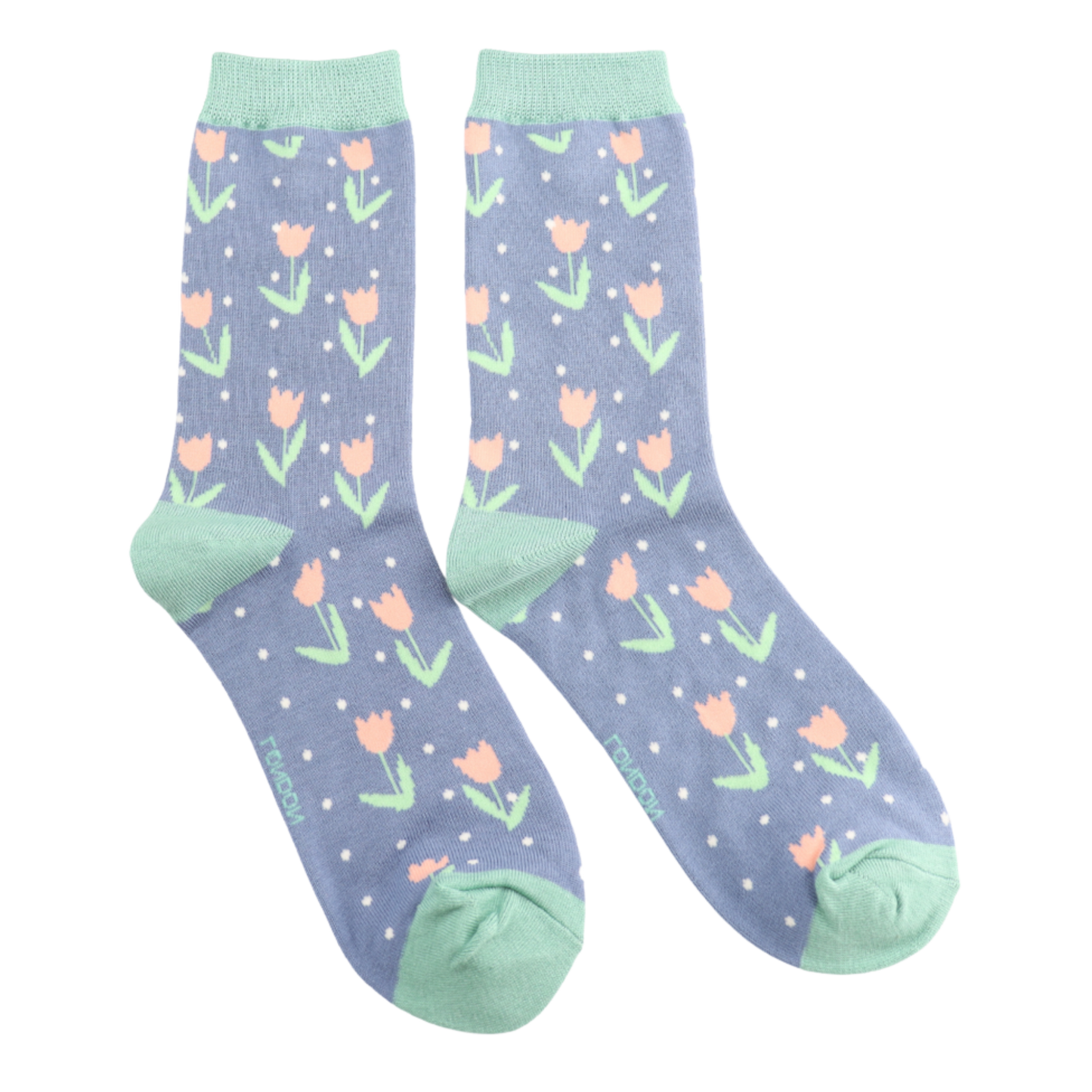 Tulips Bamboo Socks - Miss Sparrow. A pair of light blue socks featuring white polka dots, and a light pink and green tulips pattern. Light green cuffs, heels, and toes. Socks shown on a white background.