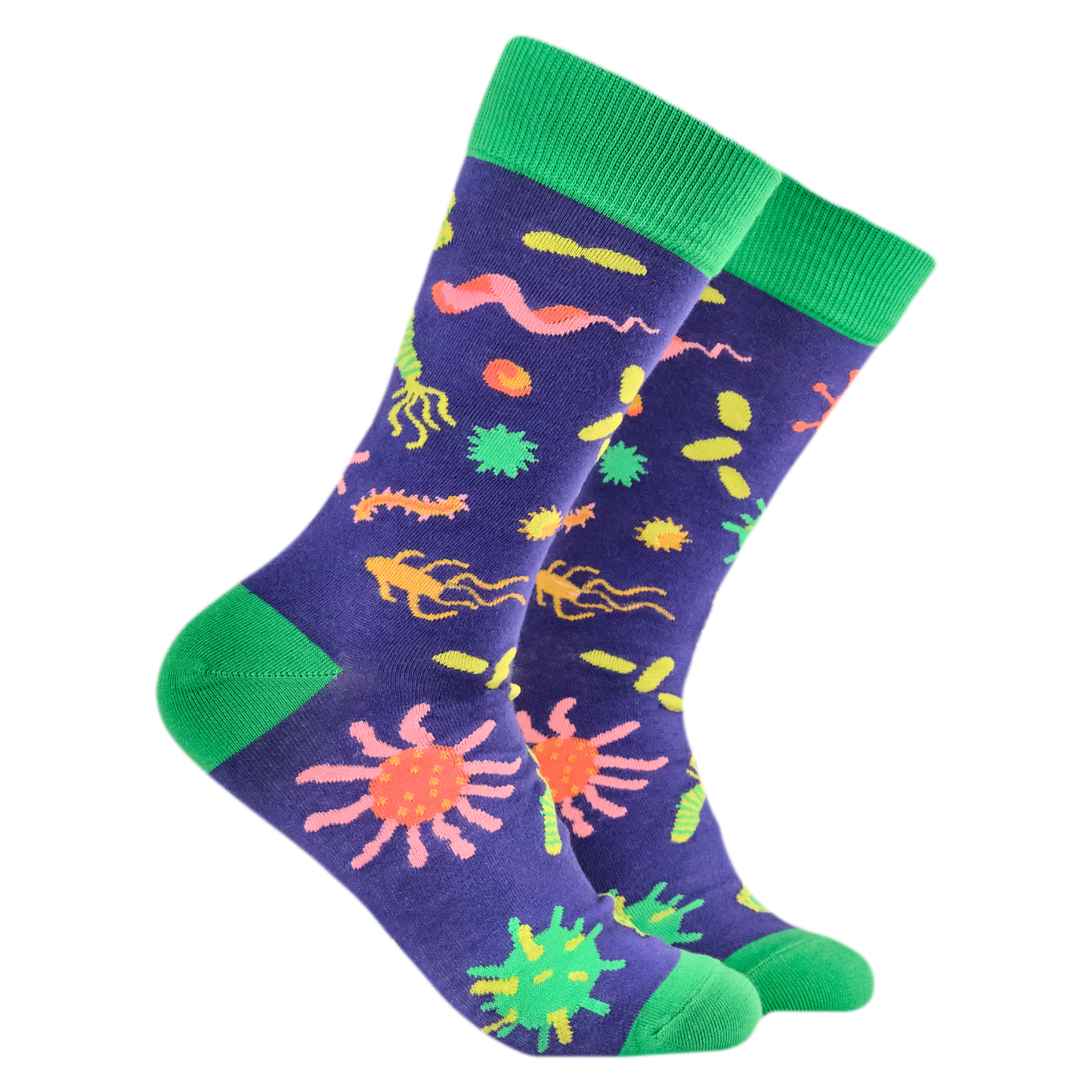 Bacteria Bamboo Socks. A pair of socks with a bacteria motif. Purple legs, green heel, toe and cuff.