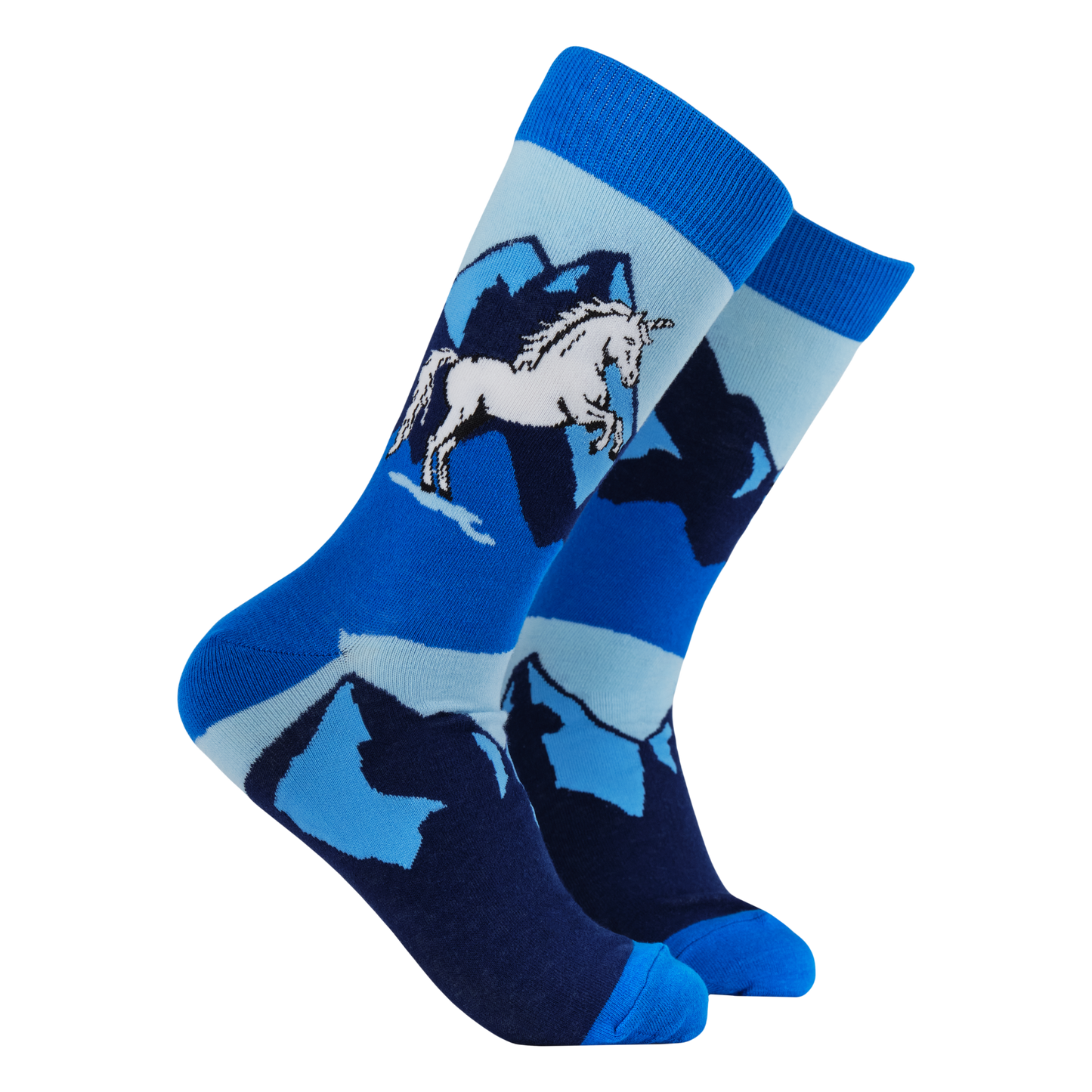 Unicorn of Scotland Socks. A pair of socks with a mythical highland creature motif. Blue legs, heel, toe and cuff.