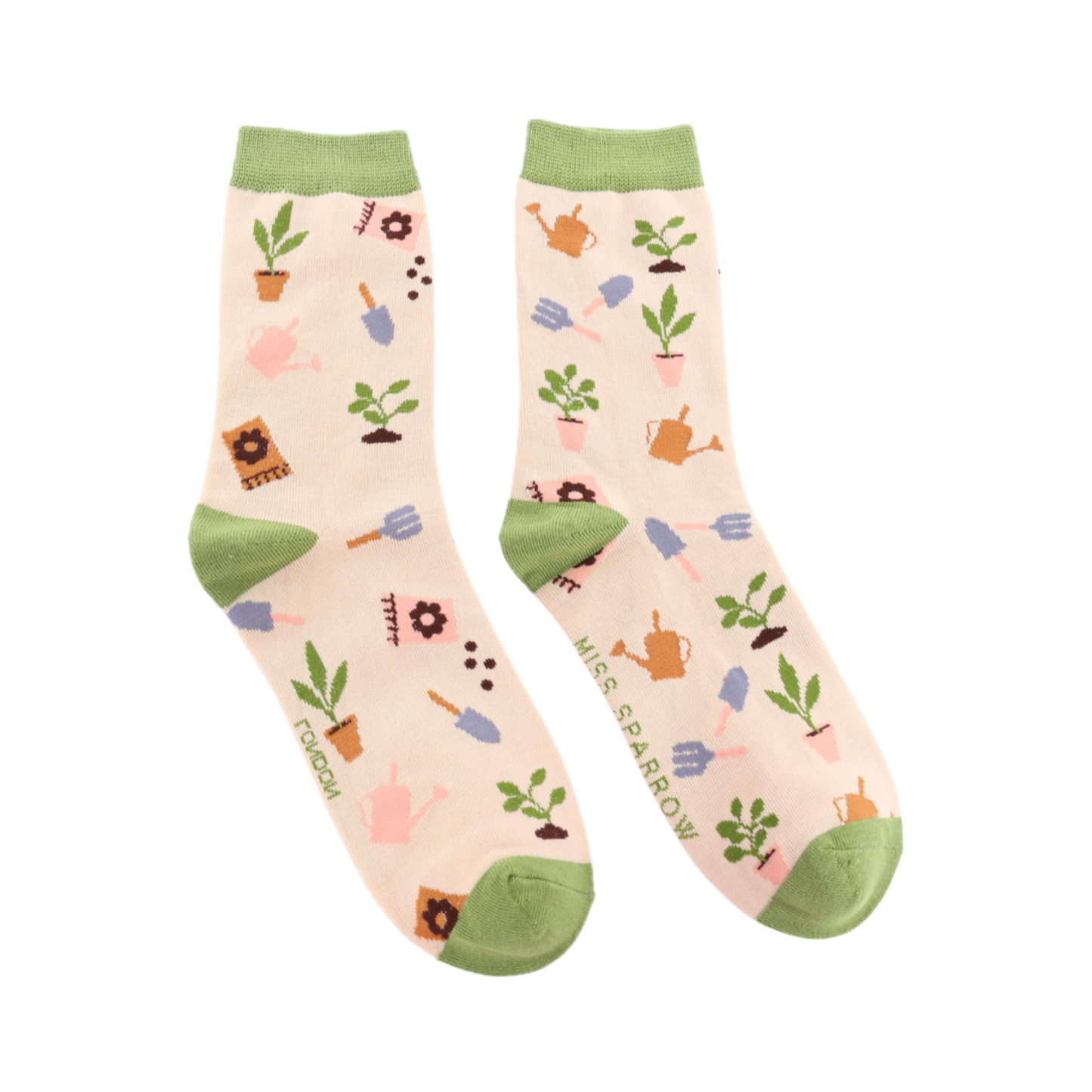 In the Allotment Bamboo Socks - Miss Sparrow. A pair of socks with an allotment motif. Cream legs, green heel toe and cuff.