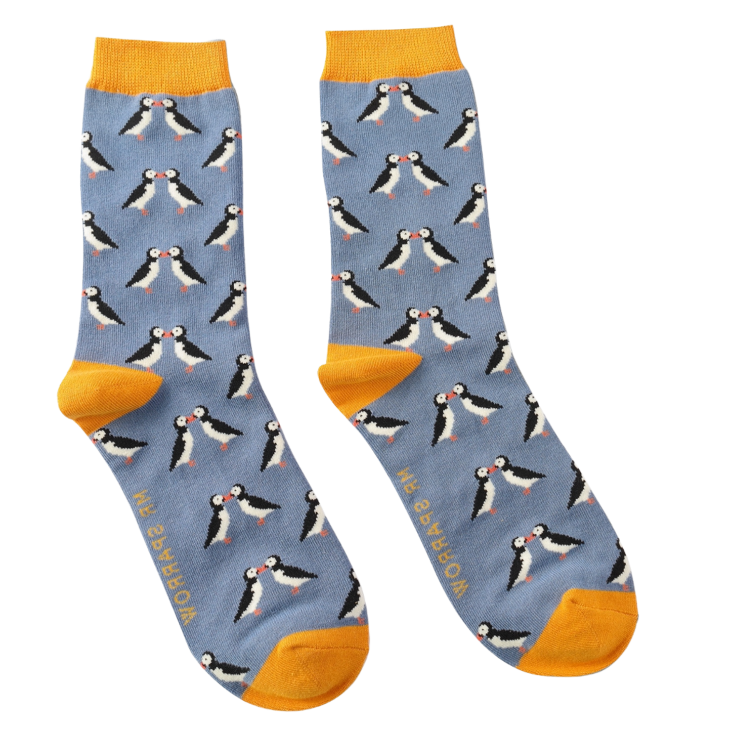 Puffins Bamboo Socks - Miss Sparrow. A pair of socks with a puffin motif. Blue legs, yellow heel, toe and cuff.