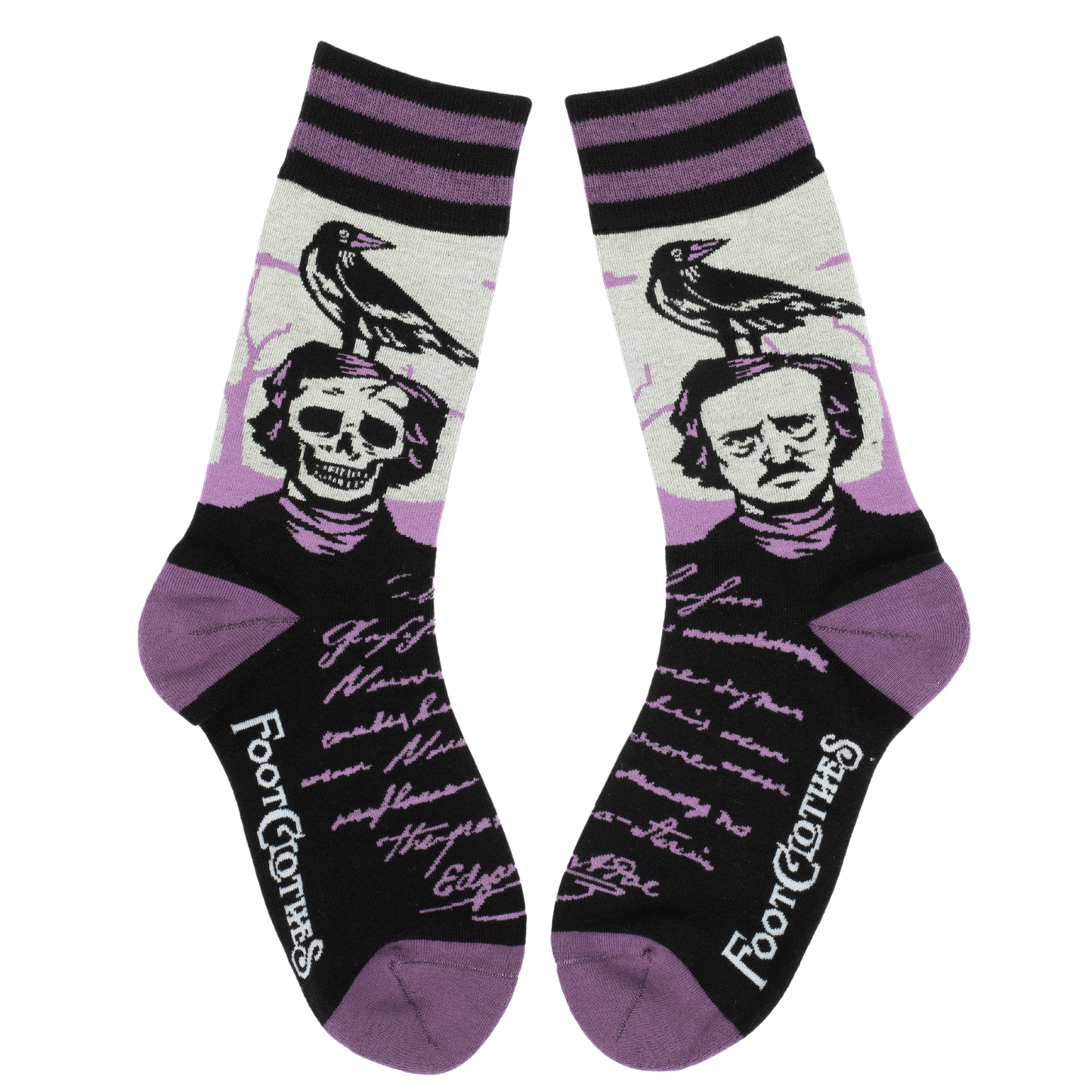 A pair of socks depicting a skeleton Edgar Allan Poe with a raven. Purple toes, heel and cuff.