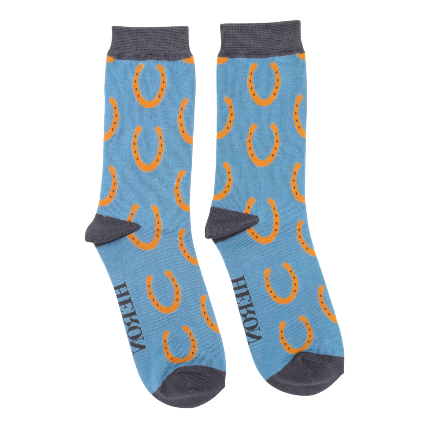 Horseshoes Bamboo Socks - Miss Sparrow. A pair of blue socks featuring an orange horseshoe pattern. Grey cuffs, heels, and toes. Socks shown on a white background.