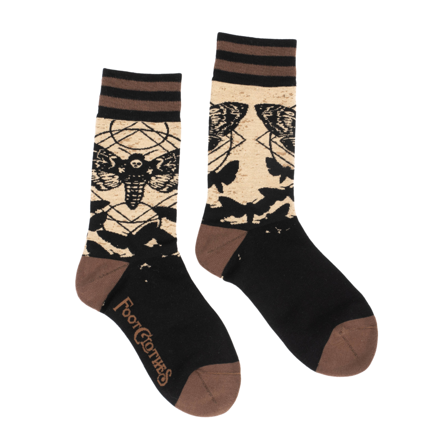 A pair of socks featuring the death's head hawk moth. Black legs, brown heel, toe and cuff.
