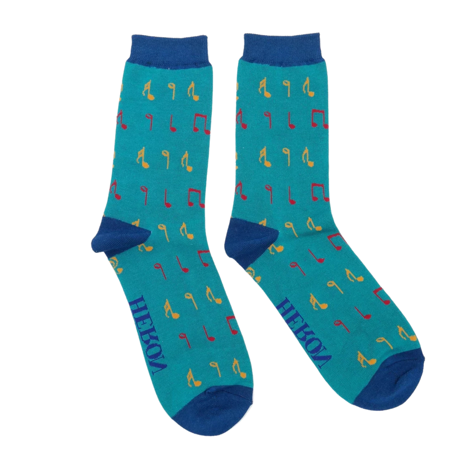 Music Bamboo Socks. A pair of socks with a music note pattern. Teal legs, blue heel, toe and cuff.
