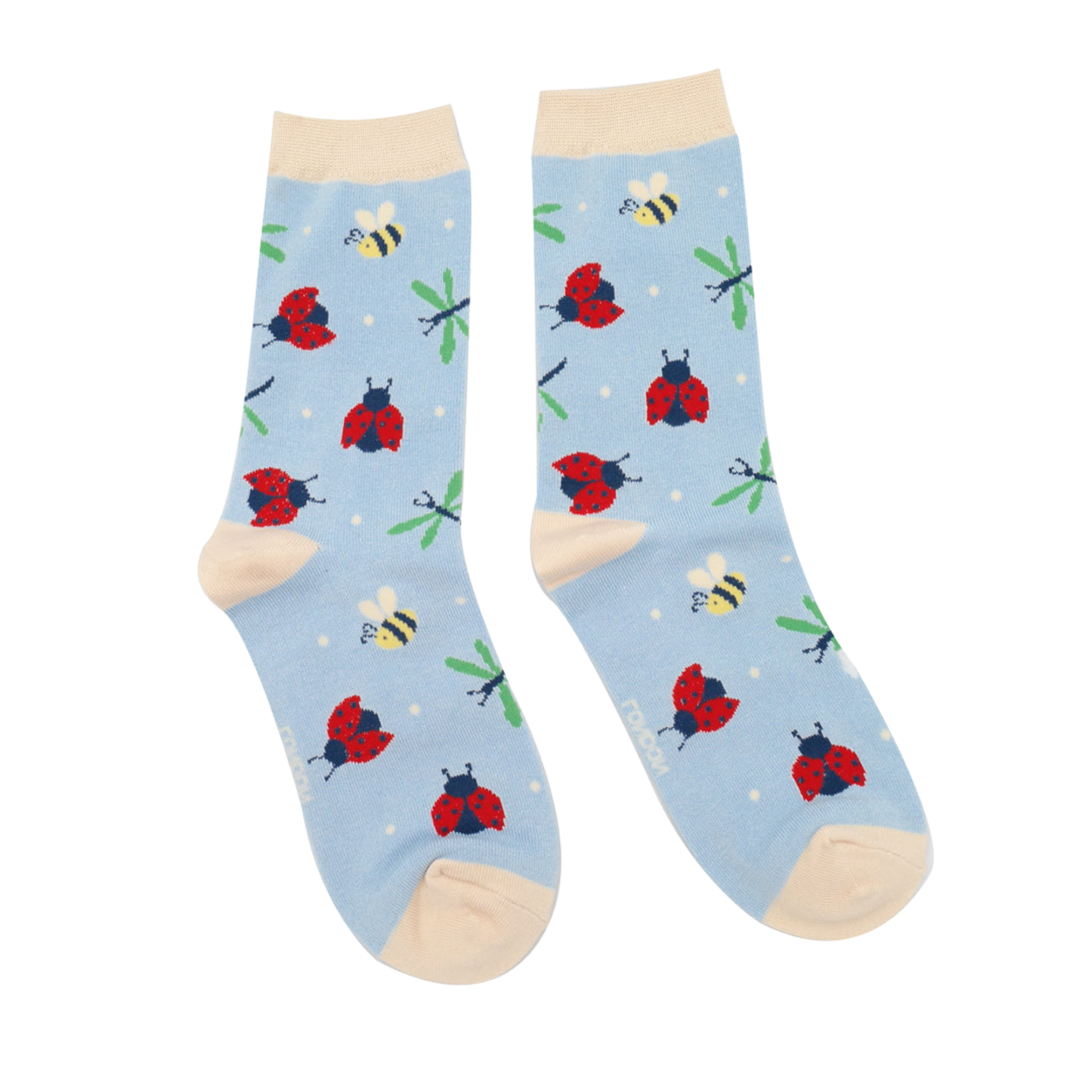 Love Bugs Bamboo Socks - Miss Sparrow. A pair of socks with a bugs motif. Blue legs, yellow heel, toe and cuff.