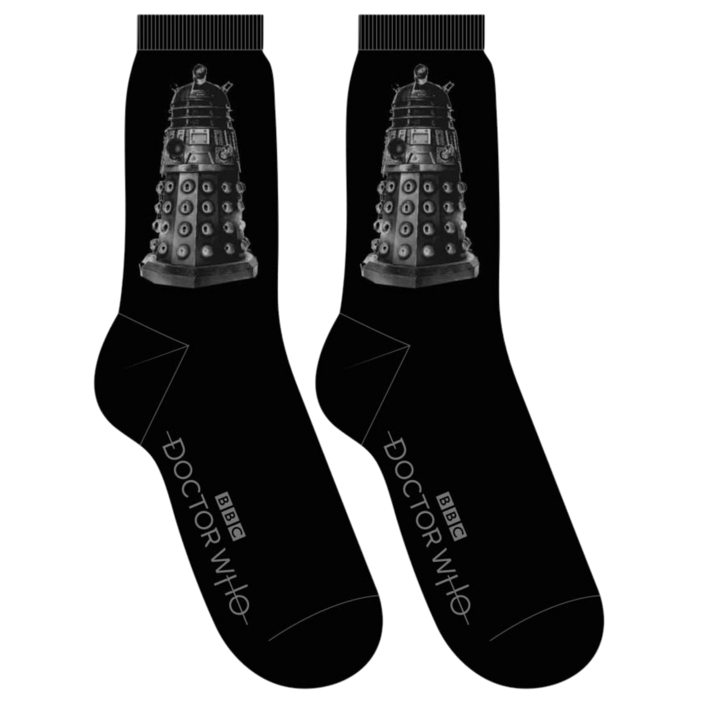 Doctor Who - Dalek Socks. A pair of socks depicting the daleks from Dr Who. Black legs, toe heel and cuff.