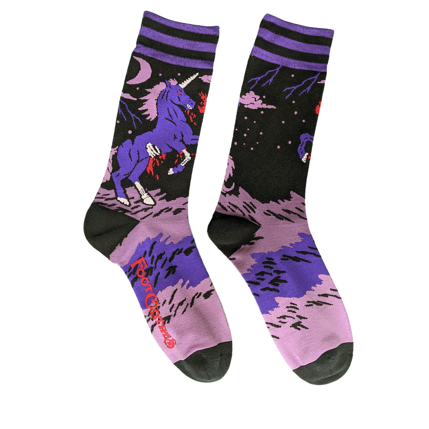 Evil AF Unicorn Socks. A pair of socks with a dark and twisted unicron motif. Pink and purple legs, black heel, toe and cuff.