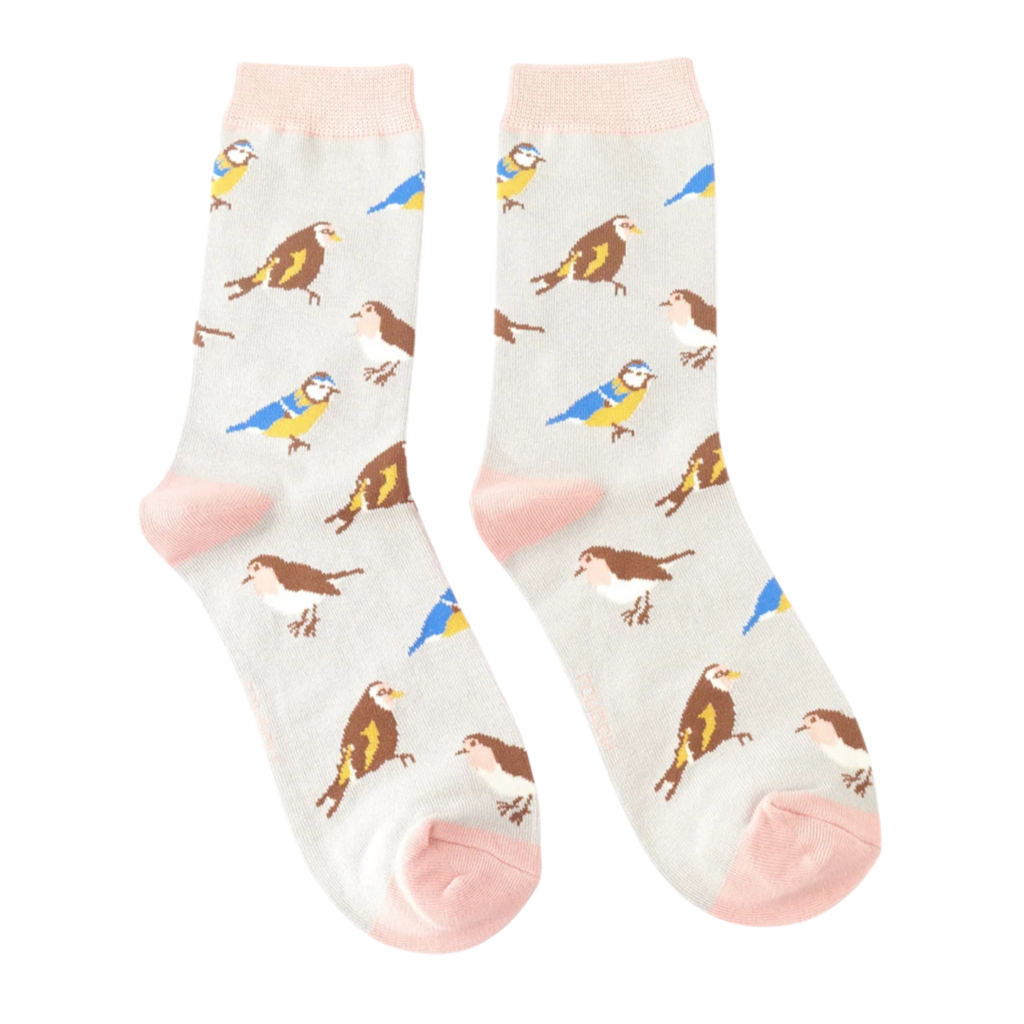 Garden Birds Bamboo Socks - Miss Sparrow. A pair of socks with a fun bird motif. Grey legs, pink heel, toe and cuff.