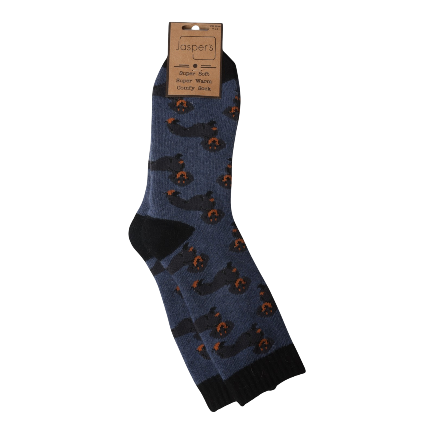 Blue sock with sausage dog motif on a white background, featuring Jasper's brand label.