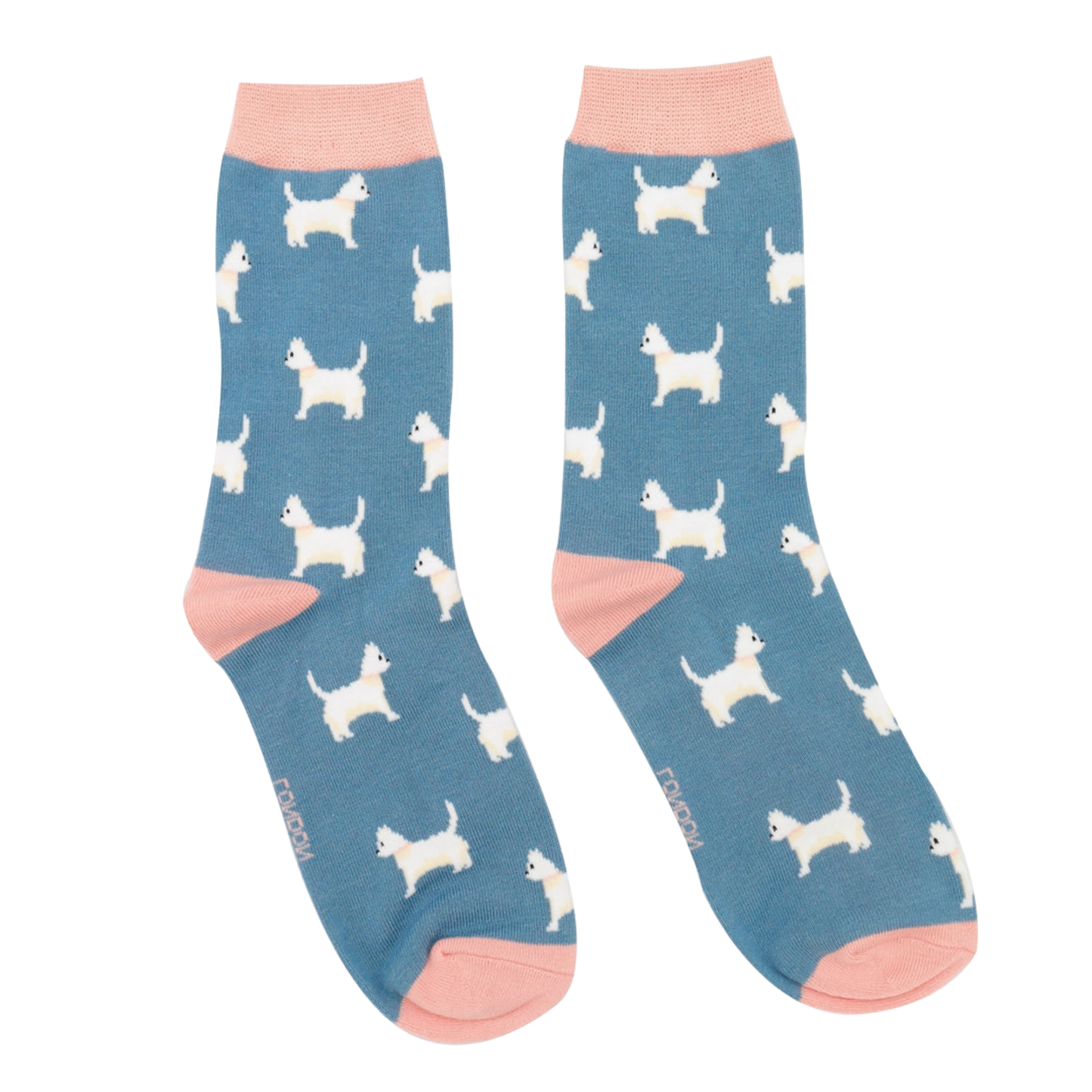 A pair of socks featuring cute scottie dogs. Blue legs, pink heel, toe and cuff.
