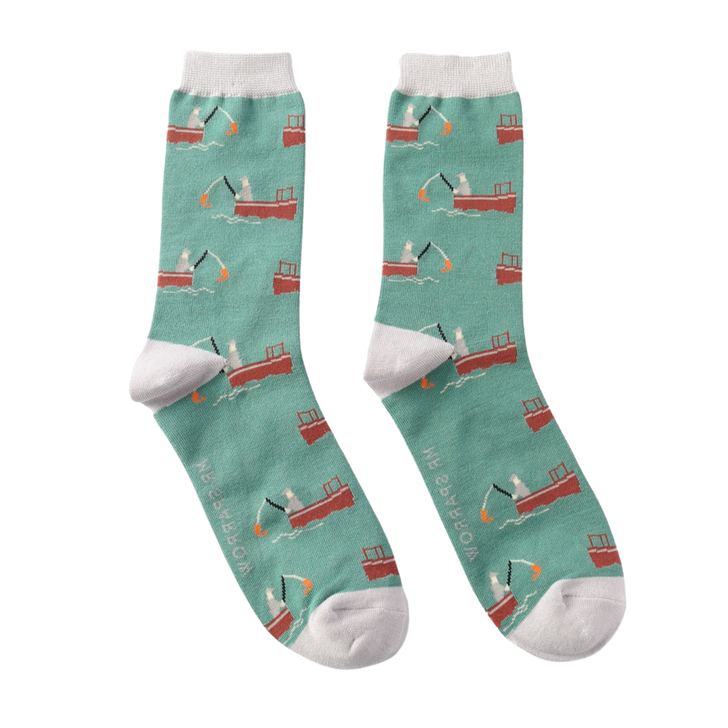 Gone Fishing Bamboo Socks - Miss Sparrow. A pair of socks with a fishing boat motif. Green legs, grey heel, toe and cuff.