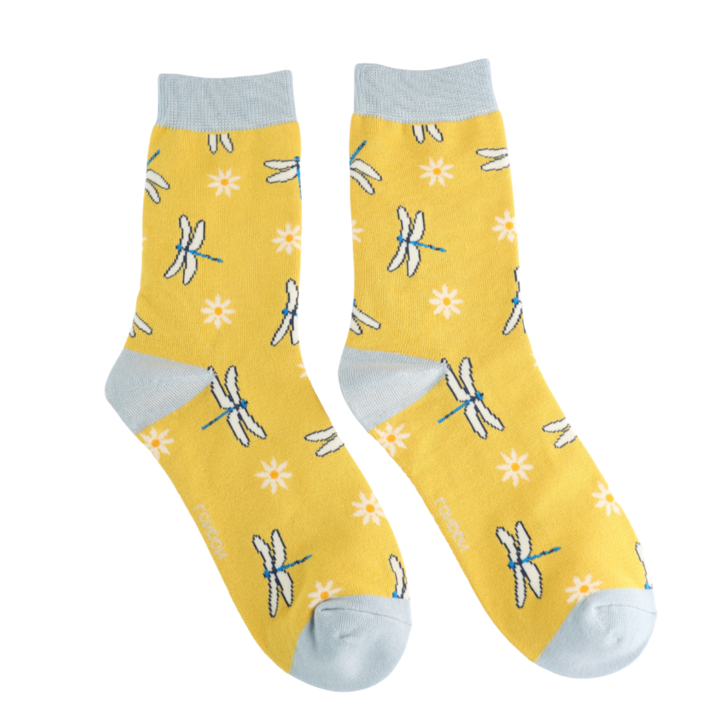 Dragonflies and Daisies Bamboo Socks - Miss Sparrow. A pair of yellow socks featuring a daisy and dragonfly pattern. Pale blue cuffs, heels, and toes. Socks shown on a white background.