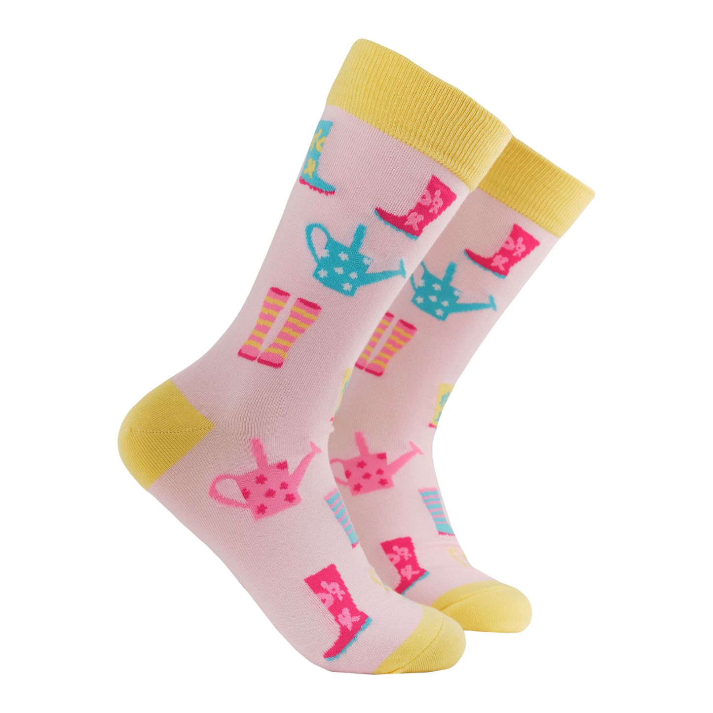 Wellies Socks. A pair of socks featuring a playful wellies motif. Pink legs, yellow heel, toe and cuff.