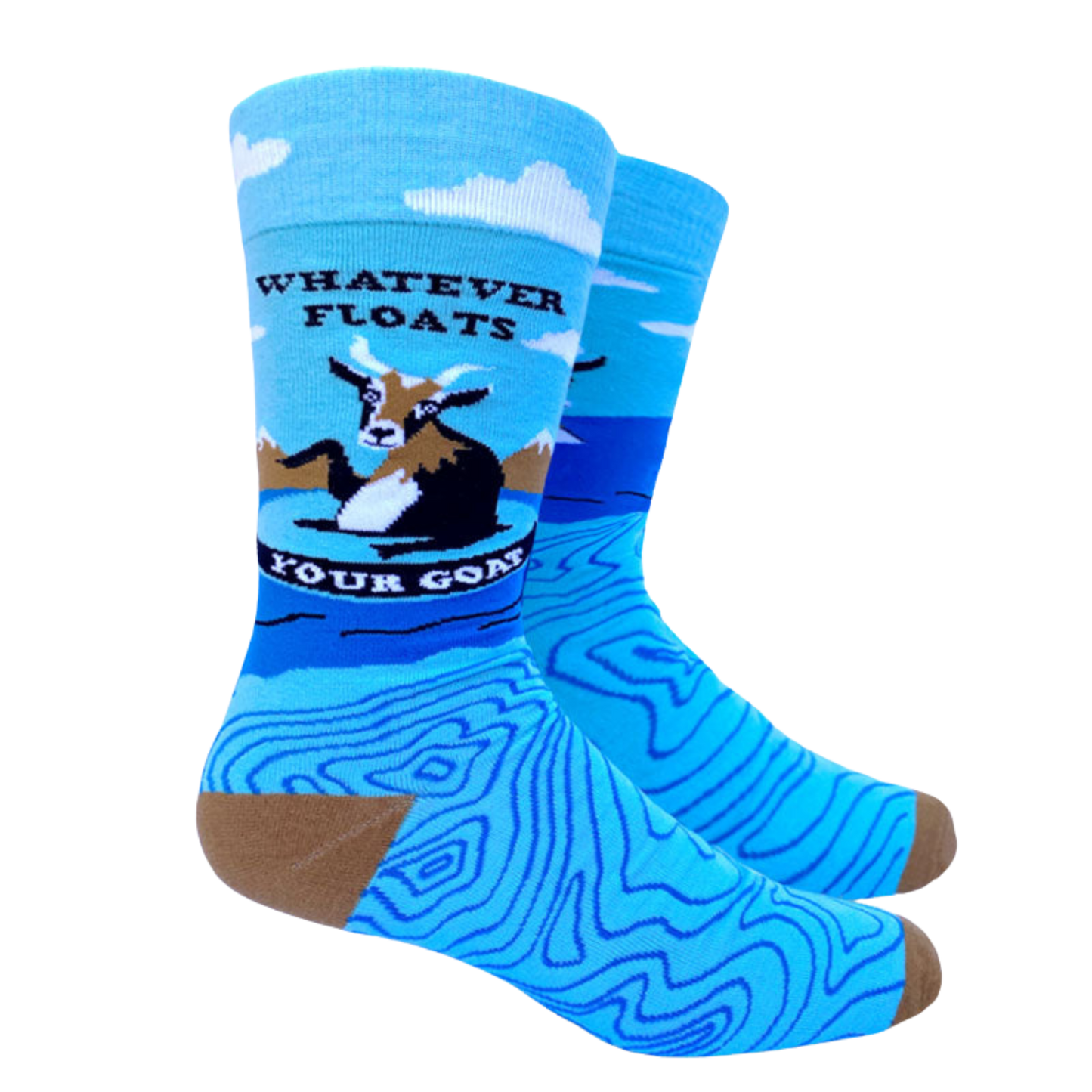 Whatever Floats Your Goat Socks - Large. A pair of socks depicting a floating goat and a  fun slogan. Brown toes, cuffs and heel.