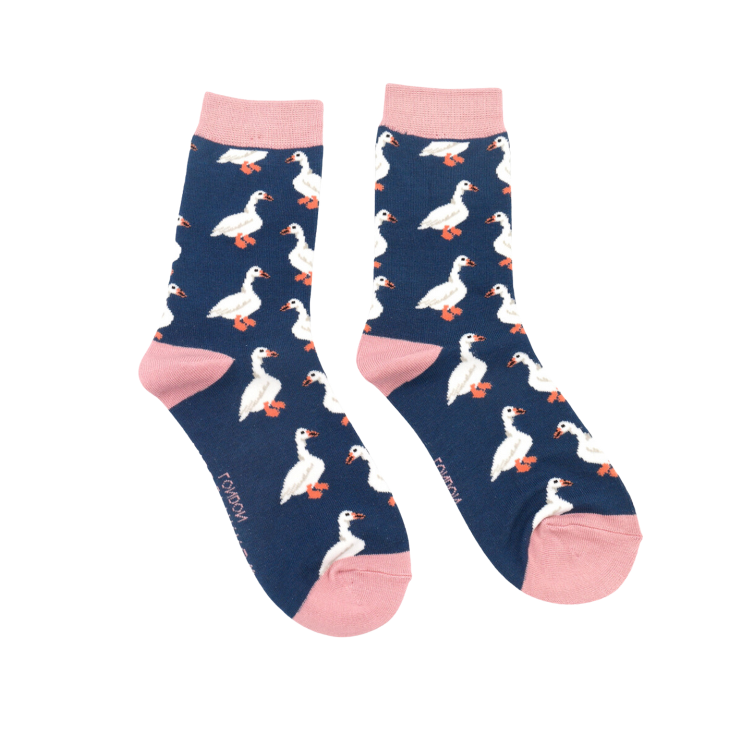 White Ducks Bamboo Socks - Miss Sparrow. A pair of socks celebrating white ducks. Dark Blue Legs, Pink heel, toe and cuff
