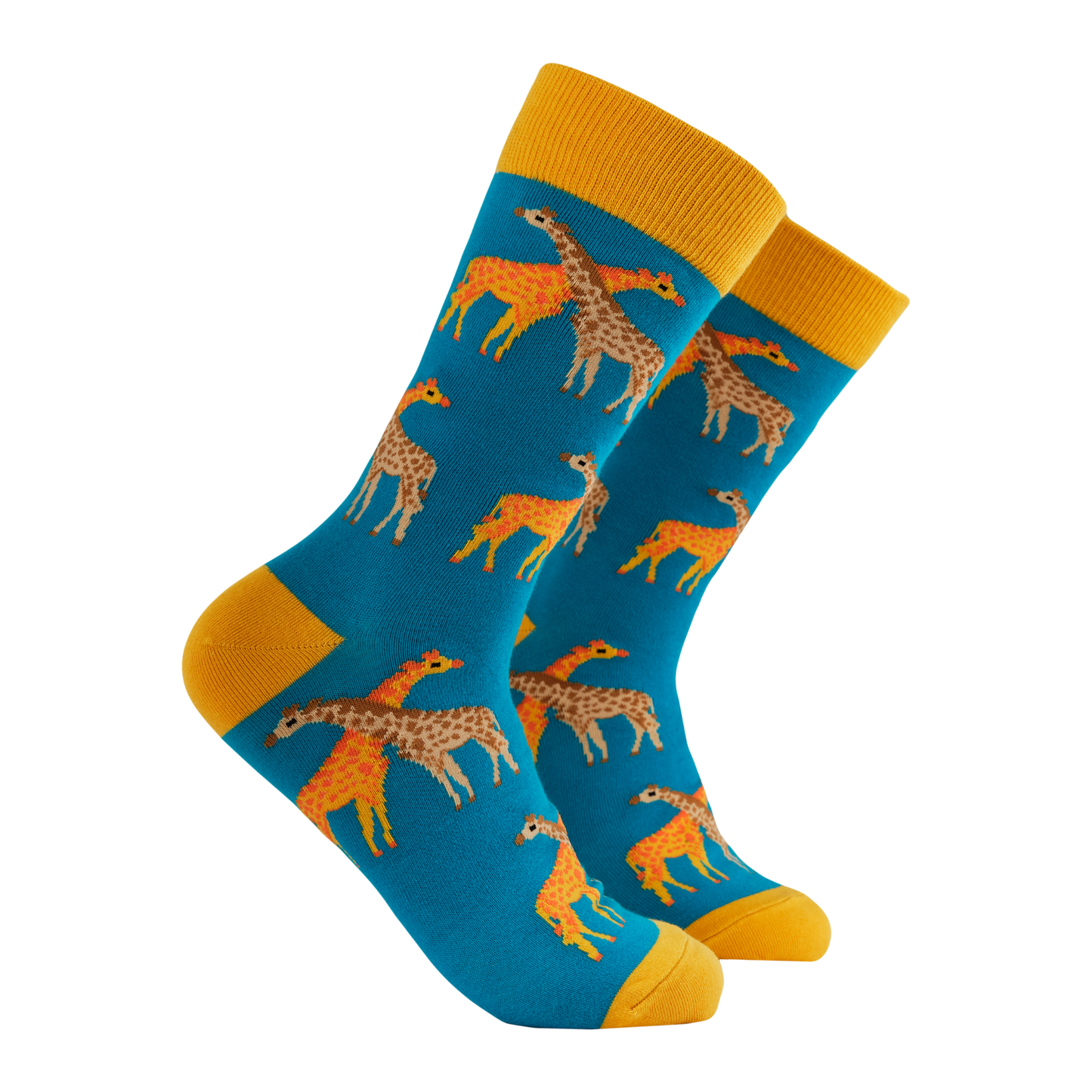 A pair of socks depicting giraffes. Royal teal legs, yellow cuff, heel and toe.