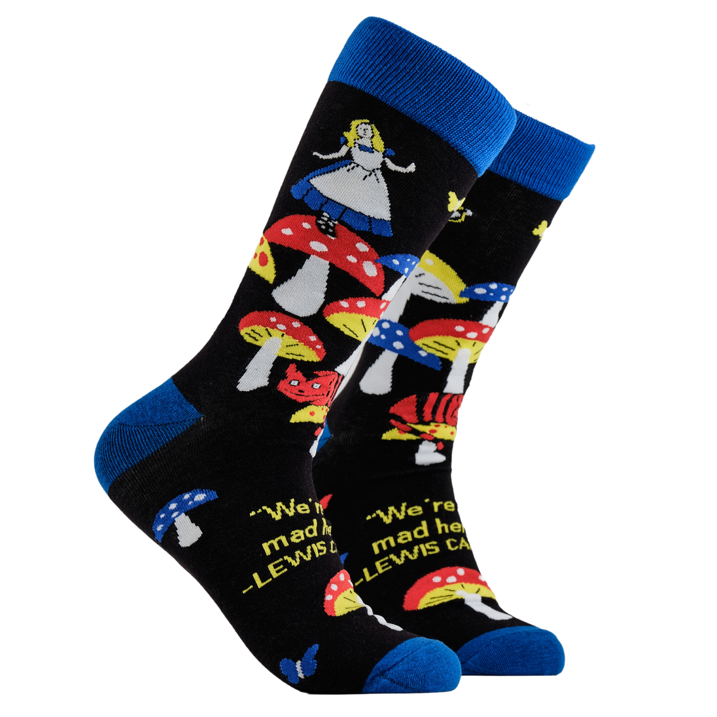 Alice in Wonderland Socks - Where's Wonder Land? A pair of socks depicting Alice in wonderland and toadstools. Black legs, royal blue cuff, heel and toe.