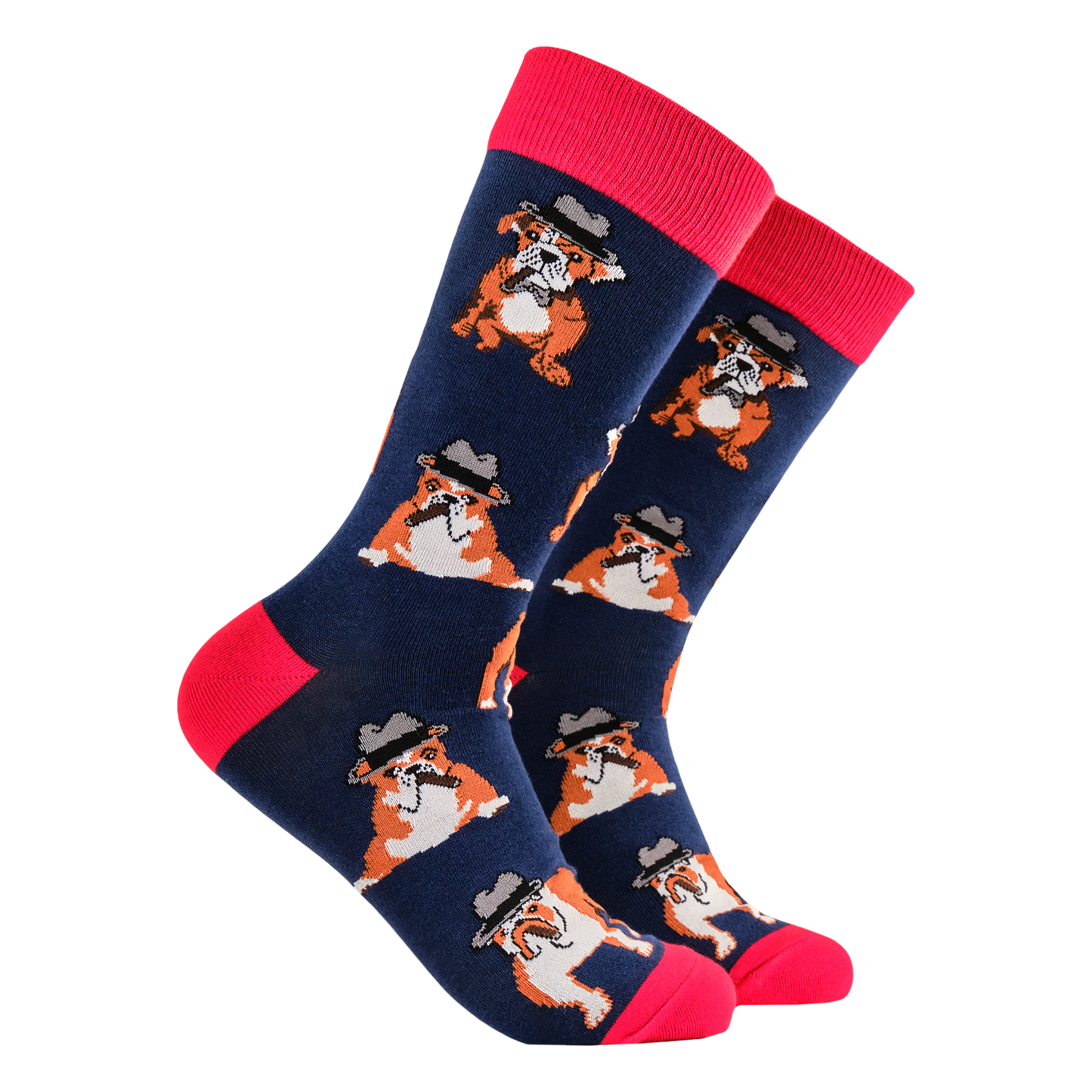 Winston Socks. A pair of socks with a bulldog and winston churchill motif. Dark blue legs, red heel, toe and cuff.