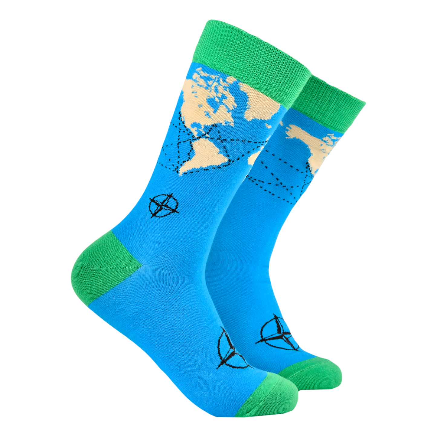 World Map Bamboo Socks. A pair of socks featuring a world map and compass. Bright blue legs, green heel, toe and cuff.