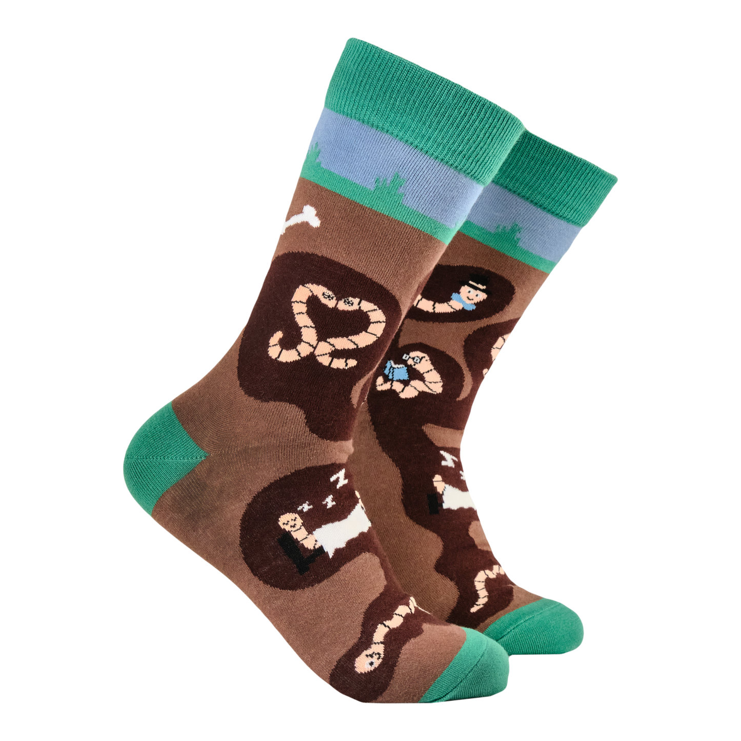 Wormery Socks. A pair of socks featuring earthworms. Brown legs, green heel, toe and cuff.