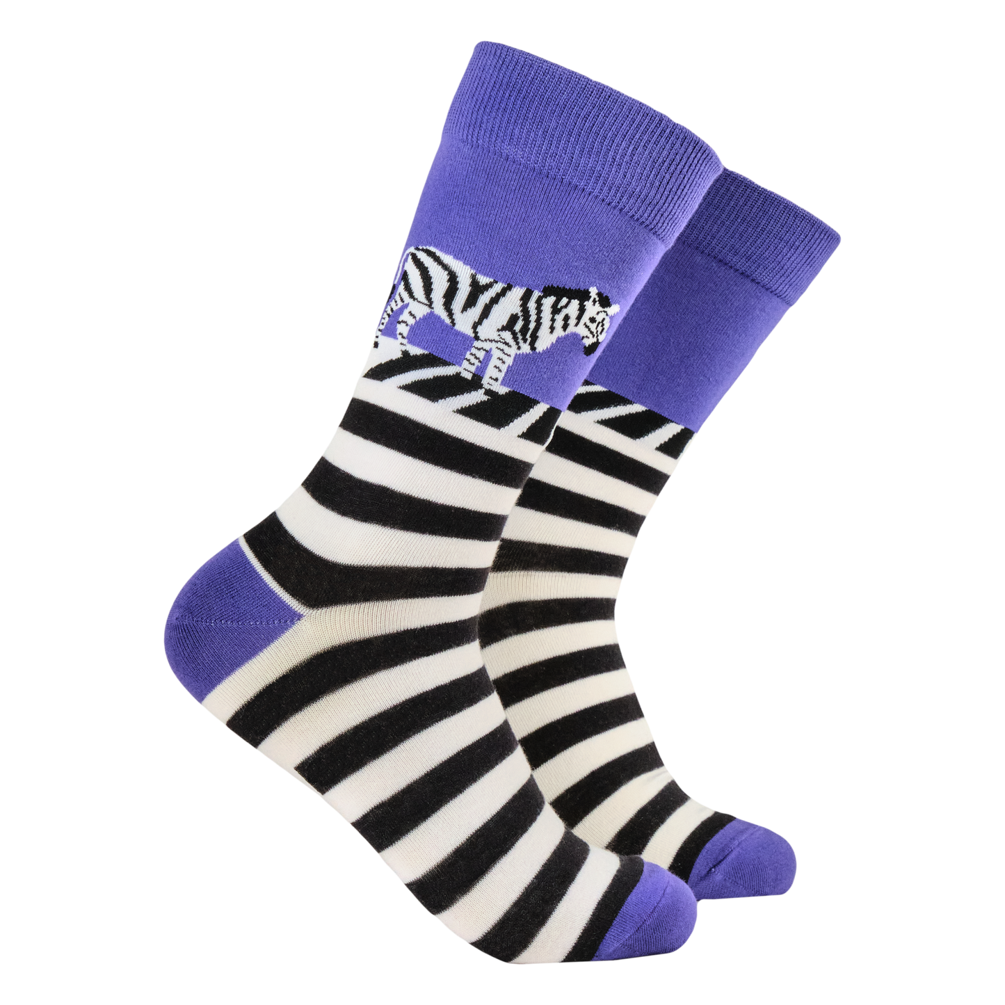 Zebra Crossing Socks. A pair of socks featuring a zebra on a zebra crossing. Striped legs, purple heel, toe and cuff.