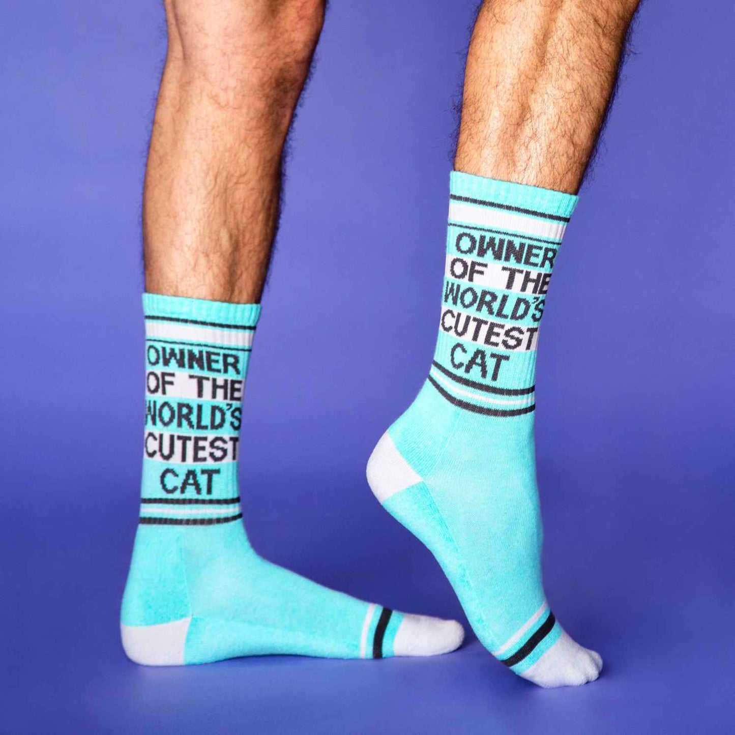 Owner of the World's Cutest Cat Athletic Socks. Model wearing a pair of blue socks with a cat slogan.