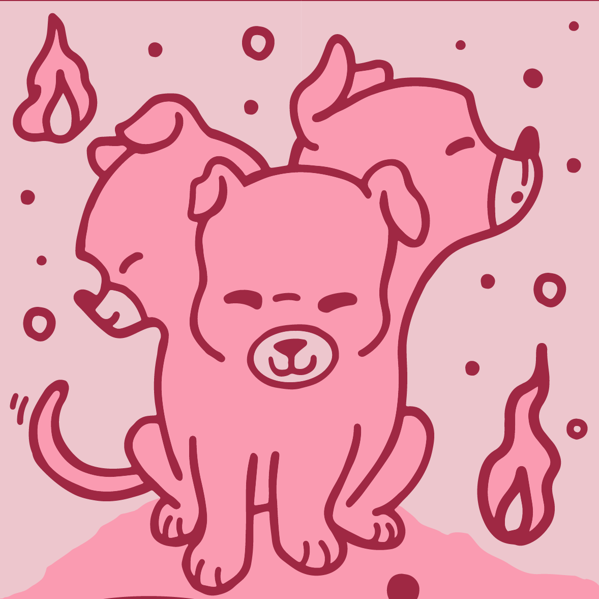 A model wearing a pair of socks featuring a cute 3 headed dog. Pink legs, dark pink heel, toe and cuff.