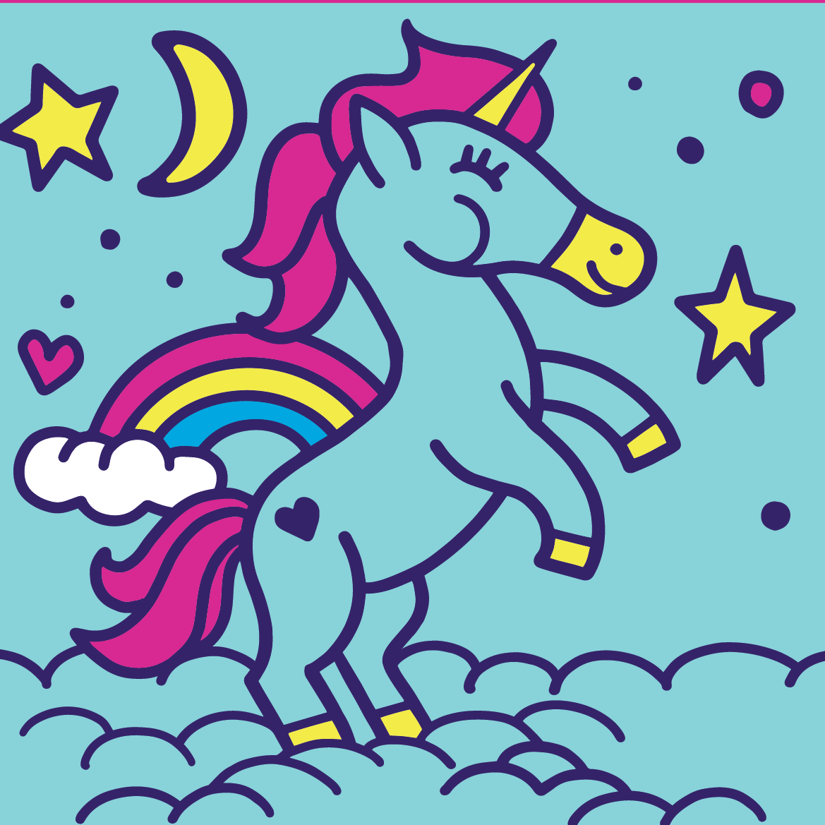 A model wearing a pair of socks featuring cute unicorns. Light blue legs, dark blue heel, toe and cuff.