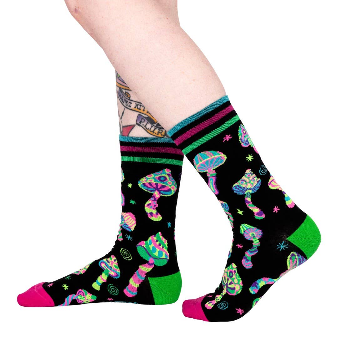 Funky Fungi Crew Socks. A pair of socks featuring glow in the dark mushrooms.