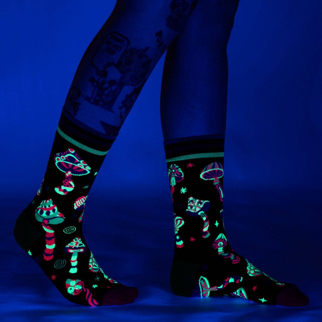 Funky Fungi Crew Socks. A pair of socks featuring glow in the dark mushrooms.